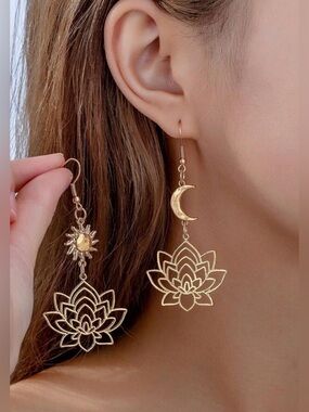 Gold Lotus Moon & Sun Dangle Earrings A2090